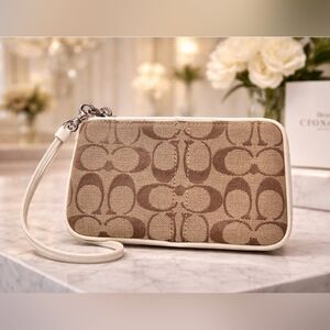 Coach Wristlet Signature Canvas Money Coin Zip Purse Brown Tan C Mini Wallet